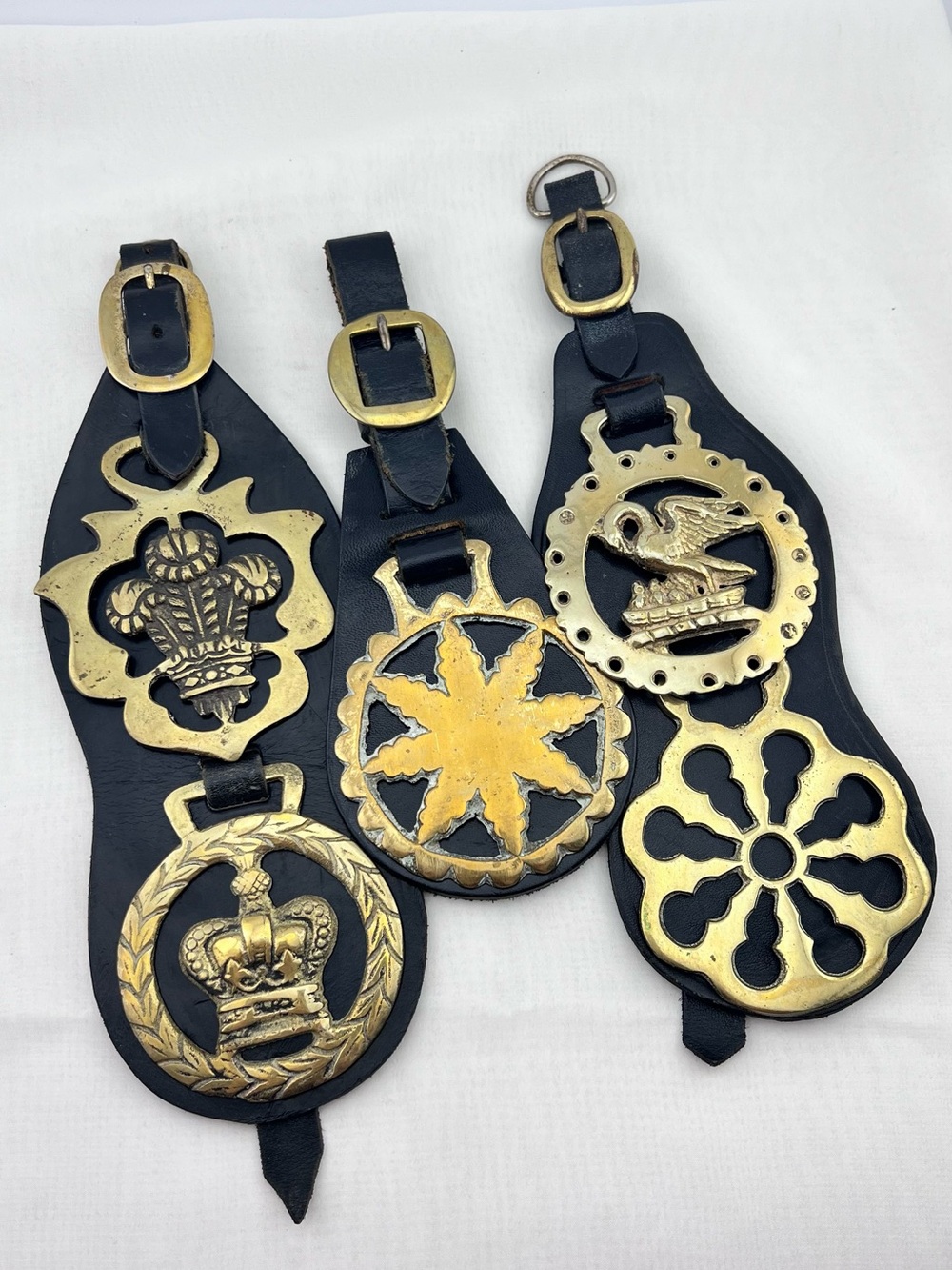 Brass Horse Medallion Vintage English Sun Swan Keyhole Crown On Leather Set of 5